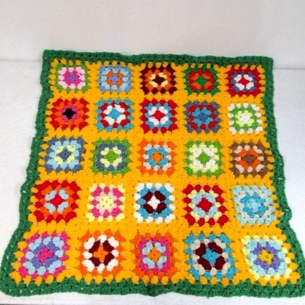 Afghan Multicolored Crotchet Throw Blanket Vibrant 31" x 31" Handmade In USA VTG